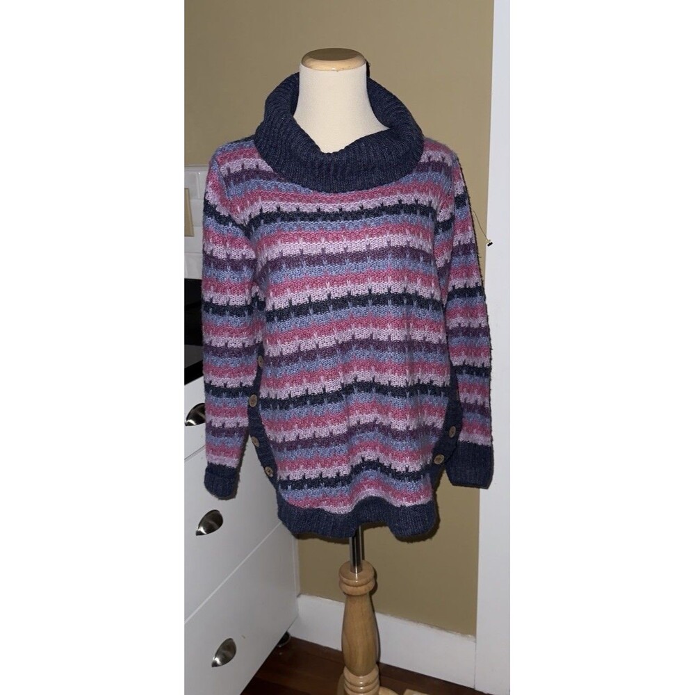 Country‎ Rose Pink Cowl Neck Knitted Sweater Fair Isle Multicolored Button Med
